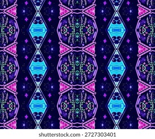 O caleidoscópio de neon cósmico apresenta um padrão sem emenda com simetria brilhante, formas florais místicas, fundo abstrato estrelado, design de fantasia vibrante e textura decorativa.