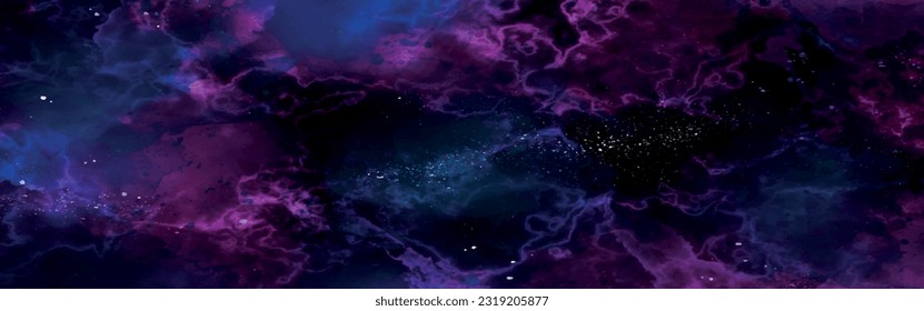 Cosmic neon light blue watercolor background. Paper textured aquarelle deep black canvas for modern creative design. Watercolor background Space, nebula, night Star sky posters, banners, web design


