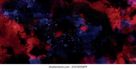 Cosmic neon light blue watercolor background. Paper textured aquarelle deep black canvas for modern creative design. Watercolor background Space, nebula, night Star sky posters, banners, web design

