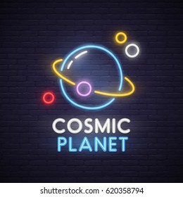Cosmic neon sign, bright signboard, light banner. Space and Planet logo, emblem