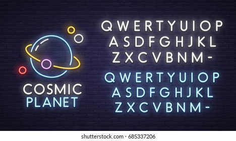 Cosmic Neon Sign, Bright Signboard, Light Banner. Spase Logo, Emblem. Neon Sign Creator. Neon Text Edit