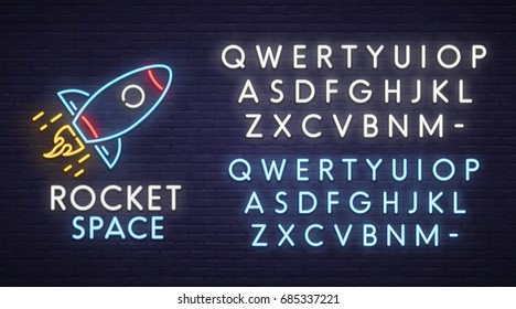 Cosmic neon sign, bright signboard, light banner. Spase logo, emblem. Neon sign creator. Neon text edit