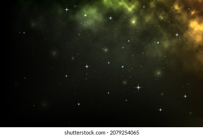 Cosmic night sky. Color universe with bright nebula. Starry wallpaper for poster or banner. Realistic cosmos with shining stars. Bright glowing constellations. Vector illustration.