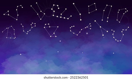 Design do céu noturno cósmico com constelações brilhantes e texturas de nuvens suaves. Os tons roxo e azul sonhador criam uma atmosfera tranquila e mágica, adequada para temas de astrologia.