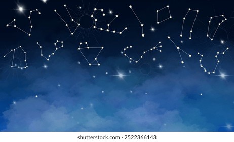 Diseño de cielo nocturno cósmico con constelaciones brillantes y texturas de nubes suaves. Los tonos púrpura y azul de ensueño crean una atmósfera tranquila y mágica.