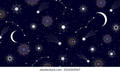 A cosmic night sky filled with celestial elements. The deep blue background is adorned with twinkling stars, spirals representing galaxies or swirling star clusters, and comets trailing across the sky