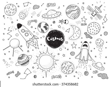 Cosmic objects set. Hand drawn space vector doodles. Cosmo, rockets planets constellations ufo stars satellite, etc. Space collection. Cosmo black and white.  Hipster style