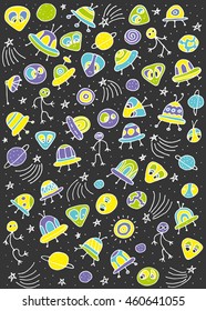  Cosmic objects set. Hand drawn vector doodles.  ufo stars satellite, etc. Space collection. Vector Illustration. eps10