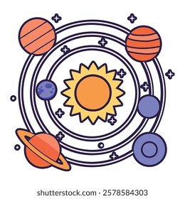 A cosmic orbit diagram with celestial bodies