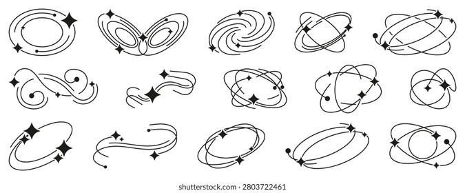 Cosmic orbit doodle collection in black. Set of galaxy, orbit, stellar, celestial and space motion symbols in sketch style