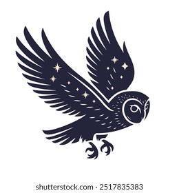 Coruja cósmica com estrelas. Coruja de celeiro em voo. Ilustração vetorial.