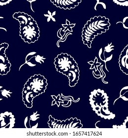 Cosmic paisley print. Seamless pattern with moon, sun and floral elements.  textile collection. Template for dresses, scarves, cards and gift wrappings.