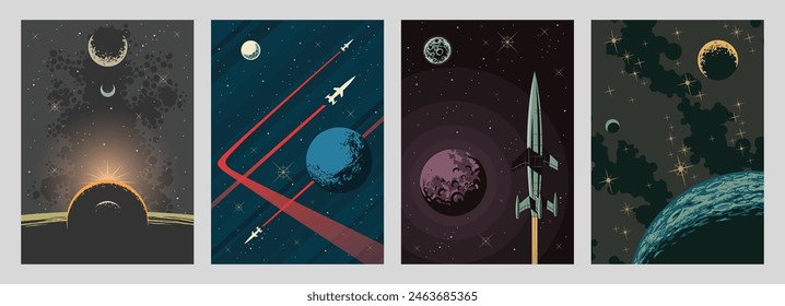 Cosmic Panorama Set, Space Background Templates for Cosmic Posters, Covers, Illustrations. Stars, Planeets, Space Rockets 