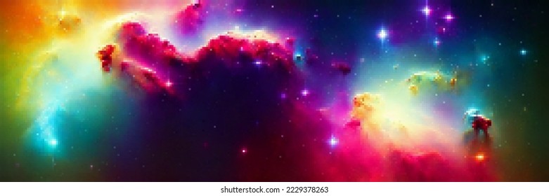 Cosmic panoramic background. Outer space. Vector colorful pixelated illustration.