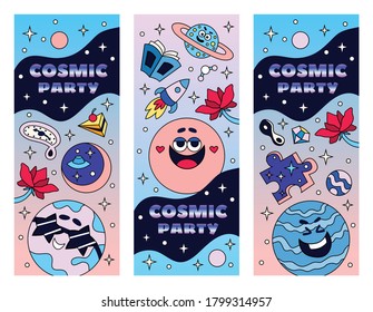 Cosmic party coloring bookmarks 3 funny big bang universe elements vertical banners with laughing planets vector illustration 
