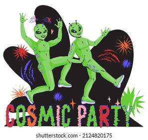 Cosmic party creative banner or poster with funny space aliens, flat vector illustration isolated on white background.
