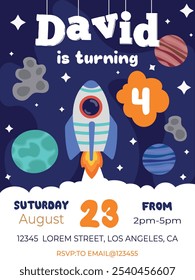 Cosmic party flyer. Cartoon funny space characters and starry galaxy background. Vector invitation poster with  cosmonaut on planet with universe landscape, aliens and stars. Invite to music show