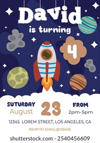 Cosmic party flyer. Cartoon funny space characters and starry galaxy background. Vector invitation poster with  cosmonaut on planet with universe landscape, aliens and stars. Invite to music show