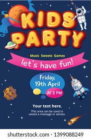 Cosmic Party Invitation. Kids Party Concept. Colorful Space Invitation For Birthday, Party Etc. Vector Illustration