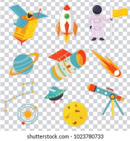 Cosmic patch set with cartoon astronauts, satellites, comet, rocket and planets
