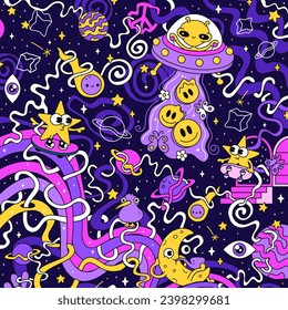 Cosmic pattern with alien piloting spaceship, planets, stars skating, comets falling, moon smoking pipe. Flat vector illustration design.