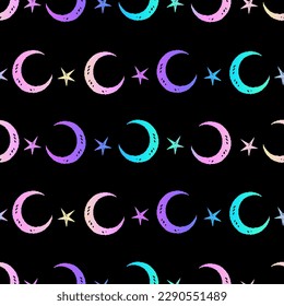 Cosmic pattern of colorful crescents and stars on a black background