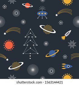 Cosmic pattern. Comets, planets and stars. Constellation Christmas tree