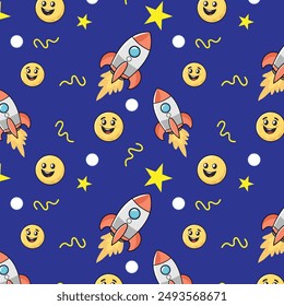 cosmic pattern with cute spaceships. Seamless space vector print for baby textiles.