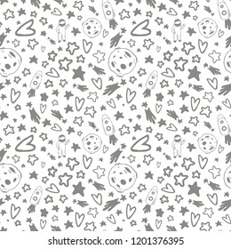 Cosmic pattern with doodle elements: moon, stars, astronaut, rocket, comet