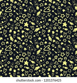 Cosmic pattern with doodle elements: moon, stars, astronaut, rocket, comet