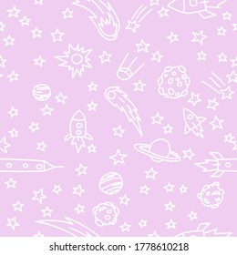 Patrón cósmico. Patrón de espacio infantil. Fondo del doodle dibujado a mano por el cielo nocturno. Patrón sin costuras para bebés - espacio, naves espaciales y planetas con estrellas. Fondo vectorial de moda.