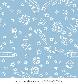Kosmisches Muster. Kinderraummuster. Nachthimmel handgezeichnet doodle Hintergrund. Baby nahtlose Muster - Raum, Raumschiffe und Planeten mit Sternen. Trendy, Vektorhintergrund.