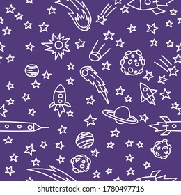 Cosmic pattern. Kids Space pattern. Night sky hand drawn doodle background. Baby seamless pattern - space, spaceships and planets with stars. Trendy vector background.