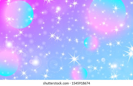 Cosmic pattern. Mermaid rainbow. Fantasy universe. Fairy background. Holographic magic stars. Minimal design. Trendy gradient colors. Fluid shapes. Vector illustration.