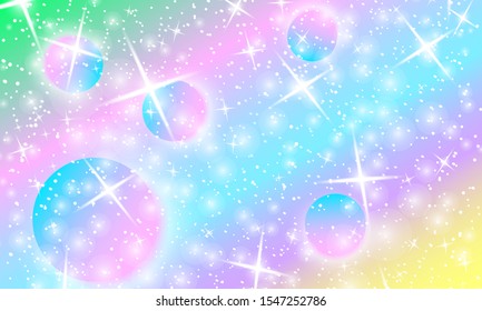 Patrón cósmico. Arcoiris de sirena. Universo de fantasía. Fondo de hadas. Estrellas de magia holográfica. Diseño mínimo. Colores de degradado de moda. Formas fluidas. Ilustración vectorial.