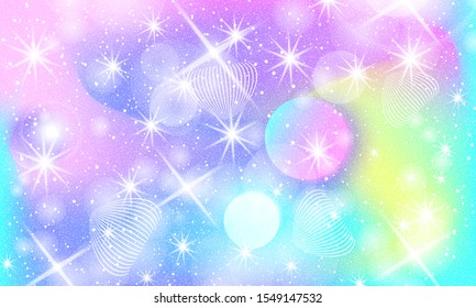 Cosmic pattern. Mermaid rainbow. Fantasy universe. Fairy background. Holographic magic stars. Minimal design. Trendy gradient colors. Fluid shapes. Vector illustration.