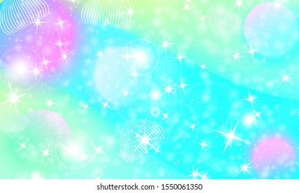 Cosmic pattern. Mermaid rainbow. Fantasy universe. Fairy background. Holographic magic stars. Minimal design. Trendy gradient colors. Fluid shapes. Vector illustration.