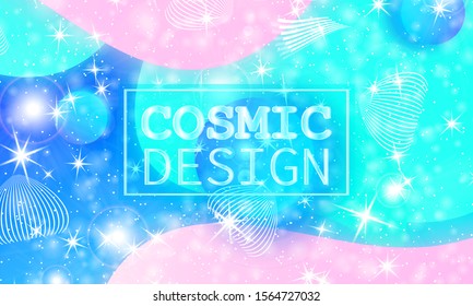 Cosmic pattern. Mermaid rainbow. Fantasy universe. Fairy background. Holographic magic stars. Minimal design. Trendy gradient colors. Fluid shapes. Vector illustration.