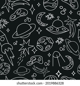 The cosmic pattern. Meteorite, shooting star, comet, planets, Saturn, satellite, moon, rocket, flying saucer, UFO, crater. Fly into space. Space, linear, white icons. Printing on fabric.