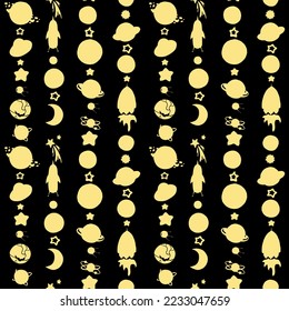 Cosmic pattern on a black background. Yellow vector planets, spaceships, stars arranged in stripes. Seamless image.