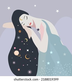 Cosmic pattern of planetary stars. Zodiac signs, astrology. A woman in a fantasy style. Vector illustration with the theme of space, races and planets. Suitable for a horoscope