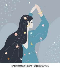 Cosmic pattern of planetary stars. Zodiac signs, astrology. The concept of a magical woman. A fantasy style. illustration with the theme of space  and planets. Suitable for a poster for a fairy tale
