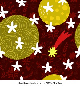Cosmic pattern with planets and a lot of stars. Seamless pattern can be used for wallpapers, pattern fills, web page backgrounds, surface textures. Gorgeous seamless romantic background