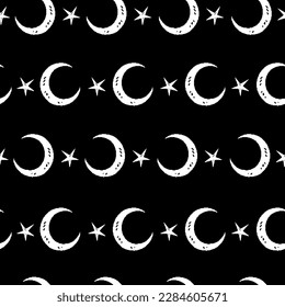 Cosmic pattern of repeating crescents and stars on a black background