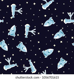 Cosmic pattern space rocket and telescope on dark blue background. Cosmic rocket and astronomical telescope pattern background