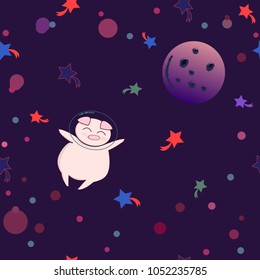 Cosmic pattern texture with Astronaut funny pig flying in space with bubble, comet and moon on background print illustration, style, card