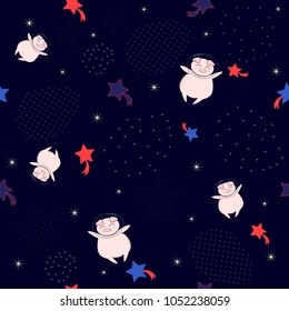 Cosmic pattern texture with Astronaut funny pig flying in space with stars and comet on background print illustration