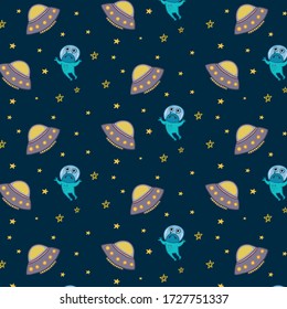 Cosmic pattern. Vector color ornament with space. Pattern with flying saucers, aliens, and stars. Cartoon drawing.