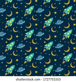 Cosmic pattern. Vector color ornament with space. Pattern with rockets and moon and planets. Cartoon drawing.