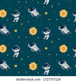 Cosmic pattern. Vector colored ornament with space. Pattern with astronauts, stars and the sun. Cartoon drawing.